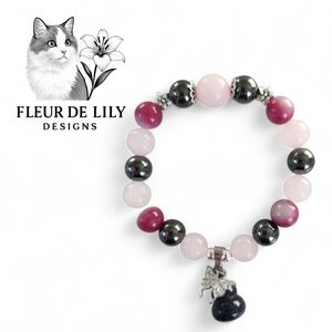 Natural Stone 8-10mm Rose Quartz, Watermelon Tourmaline, Hematite and Silver